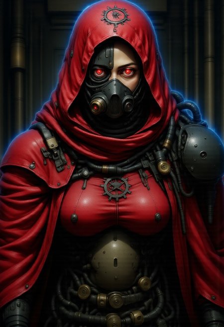 nistyle, Adeptus Mechanicus Warhammer 400000, Female Mechanicus, dark toned color scheme, techno-priest, Warhammer 40k, 1girl, black respirator mask, eyelashes, intense gaze, pale skin, scars, digital Illustration, rough texture red robe with mechanicus_sigil, red hood with ornate clasps, corrugated tubes, machine oil stains, mechanical arm, face smudged, sleeves dirty, cybernetic implants, glowing eyes, detailed eyes, C0NTR4CT0R, gothic architecture, industrial architecture, dark aesthetic, cinematic lighting, dynamic composition, masterpiece, high quality, dramatic shading, insane details, perfect quality
