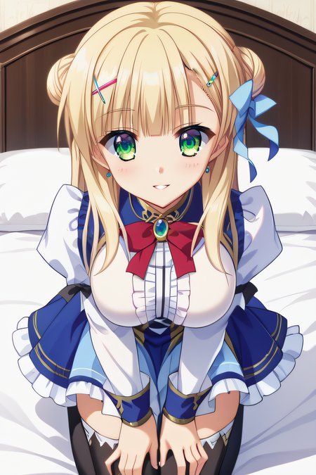 score_9, score_8_up, score_7_up, source_anime, rating_safe, intricate details, anime screencap, official style, 1girl, solo, <lora:Sylvia_le_Cruzcrown:1>, sylvia, blonde hair, long hair, green eyes, double bun, odango hair, hairclip, blue_hair_ribbon, single ribbon, large breasts, red_bowtie, juliet sleeves, white long sleeves, blue skirt, black frills, thighs, black thighhighs, looking at viewer, smile, indoor, kneeling, on bed, parted lips, hands on knees