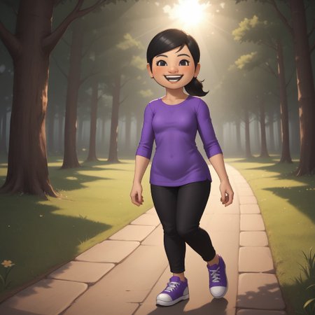 score_9, score_8, BREAK, solo, mii, wii u, wii sports club, 1girl, female mii, cute, black hair, ponytail, black eyebrows, black eyes, open mouth, teeth, blush, purple clothing, black pants, sneakers, small breasts, Pian-Pian_(\Wii_Sports_Club\), mature woman, Nintendo Mii, modern_mii, classic_mii, sexy pose, smile, outdoors, sunlight, shadows, evening lighting, natural lighting, forest, trees, grass, orange sky, sunset