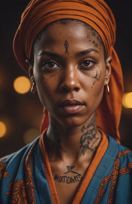 Portrait of a young african woman in a monk's robe,intense eyes,battle scars,tattoos,angry,looking into camera,high contrast,masterpiece,dramatic lighting,ultra realistic,colorful,depth of field,bokeh,cinematic,wide angle