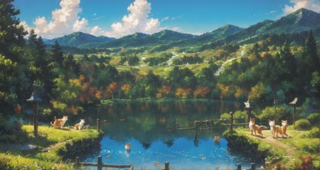 score9, score_8_up, score_7_up, score_6_up, score_5_up, score_4_up, lots of cats on a wooden platform overlooking mountains, lots of cats looking over the scenery, (cats:1.5), rivers, lakes, trees, billowing clouds, japanese buildings, detailed, intricate, masterpiece, best quality, asymmetrical, flat shading, <lora:Detailed_Anime_Style_Backgrounds_for_PonyXL:0.8> <lora:Anime Summer Days 2 Style SDXL_LoRA_Pony Diffusion V6 XL:0.75> <lora:v10l3tXLP:0.65> v10l3t