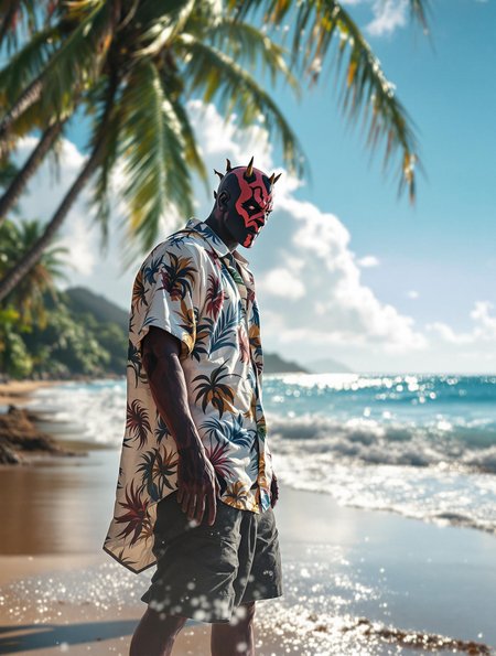 Off-center composition,A extremly fully detailed depiction of Darth Maul in hawaii shirt and shorts,standing on a beach watching the water,sun bright,bright colours brown light and shadows,highly detailed,blue light, high budget, bokeh, cinemascope, moody, epic, gorgeous, Hyperrealistic 24k uhd