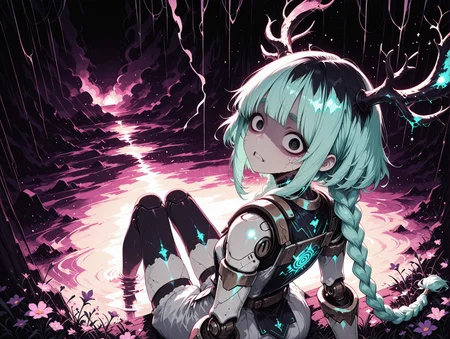 masterpiece,best quality,amazing quality,very aesthetic, anime screencap, anime coloring,  S4bit4mago_illu, wasabi_natsume_illu, digital illustration, no lineart,no outline,dark Fairytale,  limited palette, Bright_illu, LeIsT0_illu, Studio Ghibli Dark Fairytale, Sinozick_illu, 
soft lighting, shadows, soft shadows, shaded, Rim Lighting, light particles,  storm, sand storm, sand, pitch dark, Magenta  theme, 
1girl, side_braids, very long hair, inverted_bob, choppy_bangs, spiral-shaped irises, dark black eyes, shocked, wide eyes, mature, looking at viewer, thick eyebrows, light teal hair,      small breasts, uneven teeth, veins, black veins, (light cyan skin, colored skin,:1.2), doll joints,    sitting, legs up,,
(solo:1.6), from behind, looking back,  from above,, tilted head, 
glowing print,  antlers, large antlers,
light black damask armored Tabard, white mesh armored shorts, 
  (portrait, upper body:1.2),  
patterns, circles, fog, mist, smoke, asymmetric, mismatched, 
bronze reinforced wall,   flowers, wildflower field, grass, cyberpunk architecture, colored sky, colored clouds,    interior,
High-tech, laboratory, advanced machinery, glowing screens, floors, data projections, clean walls, 
<lora:StS-Illustrious-Detail-Slider-v1.0:2> <lora:add-detail-xl:2> <lora:LeIsT0_style:0.6> <lora:Bright_style:0.6> <lora:xl_more_art-full_v1:0.4> <lora:wasabi_natsume_style_r1:0.4> <lora:Obsidian_skin:0.2> <lora:NLSTN-IL:0.2> nlstn, <lora:Gothic_Grain_Illustrious:0.4> <lora:TrendCraft_The_Peoples_Style_Detailer-v2.1A-3_12_2025-SDXL:0.6> <lora:ppw_v7_Illuv1.0_1_r2:0.4> <lora:BS2.2:0.2> <lora:WW:0.2> W1CK3D, CORRUPTION,