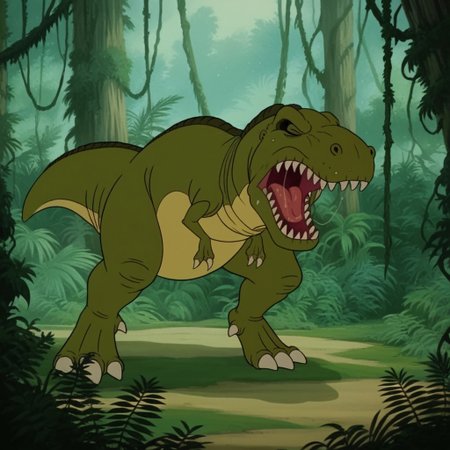 score_9, score_8_up, score_7_up, score_6_up, score_5_up, score_4_up, source_furry, mamarexlbt, feral, female, Tyrannosaurus, dinosaur, green skin, closed eyes, jungle, standing, mouth open, roaring, spittle, saliva,