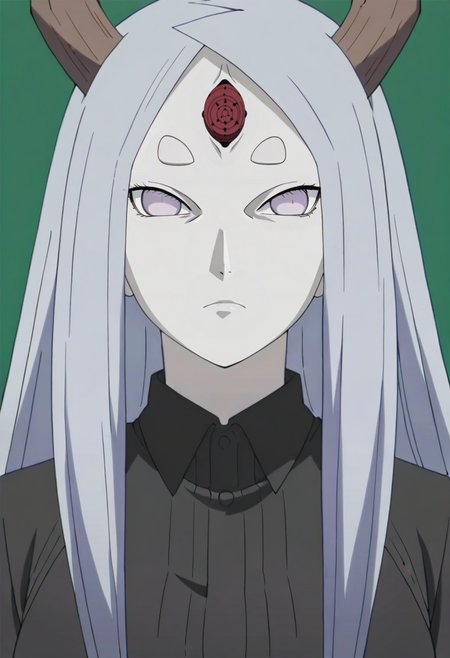 simple background,green background, solo, upper body,  portrait, black shirt, collared shirt, 
,kaguyaot,mature female, pale skin, grey eyes, white hair, parted bangs, bangs, short eyebrows,long hair, medium breasts,
forehead mark, third eye, horns,
anime screencap, masterpiece, best quality,uncensored,  <lora:Kaguya ot IL v1:0.9>,