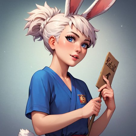 (score_9), (score_8_up), (score_7_up), (score_6_up), (score_5_up), (score_4_up), (masterpiece), best quality, detailed eyes, female, shoulder-length hair, white hair, rabbit ears, rabbit tail, flat chest, blue kimono, holding sign saying "Smash!"