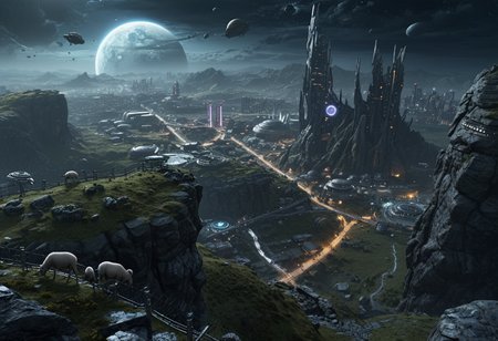 scenic view (from up high a tower:1.08) over a futuristic otherworldly city, giant peaceful creatures in background,  farm, fence, sheep-ish alien creatures settlement integrated into a rocky surface,  planets visible, city on distant planet, lighted places, ecologic energy sources (trending:1.19) (masterpiece:1.26), (high image quality:1.08), (RAW:1.02),subsurface tering,high definition,  <lora:sdxl\pony-realism-22-nsfw-photo.safetensors:0.85:0.18>  p13,s9