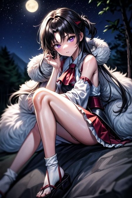 masterpiece,  best quality 1girl Setsun4 solo long hair,  (night time) forest background black hair very long hair purple eyes multicolored hair armor (fur trim) (medium body),<lora:EMS-179-EMS:0.800000>,<lora:EMS-293862-EMS:0.800000>ascot, bare shoulders, black footwear, detached sleeves, embellished costume, frills, japanese clothes, nontraditional miko, red skirt, sandals, sarashi, skirt, socks, armor, miko