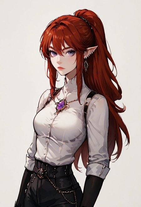 (score_9, score_8_up, score_7_up), (cowboy shot:1.4), (3/4 shot:1.4), 1girl, 20 year old girl, black gloves, breasts, earrings, fingerless gloves, jewelry, white shirt, ((black leggings)), long hair, solo, (open shirt), long hair, pointy ears, (hand on hip), ponytail, purple eyes, red hair, solo, white background, white shirt