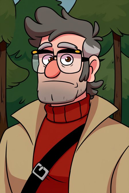 masterpiece, best quality, highres, extremely aesthetic, toon \(style\), stanford pines, 1boy, solo, male focus, mature male, muscular male, old man, short hair, grey hair, two-tone hair, brown eyes, thick eyebrows, glasses, black-framed eyewear, facial hair, stubble, long sideburns, looking at viewer, open clothes, beige coat, trench coat, red turtleneck sweater, strap, buckle, standing, upper body, portrait, outdoors, forest, pine tree <lora:Stanford (Ford) Pines - Gravity Falls v1.0 MIX [LoRA] - NoobAI-XL EPS 1.0:0.8>