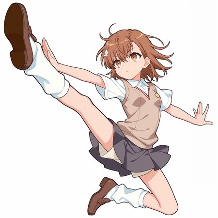 maimai,1girl,solo,misaka mikoto,tokiwadai school uniform,brown hair,hair between eyes,bangs,brown eyes,skirt,Knee-high white socks,brown loafers,dynamic pose,white background,,embedding:lazypos, masterpiece,best quality,newest,absurdres,highres,very awa