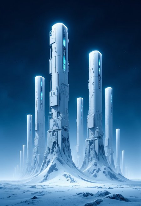 Inkpunk Anime, abstract monochromatic image in blue and white, with bold, angular lines. colossal ceramic sci-fi white towers on a field of ice and snow, piercing the evening mist.  The snow at the base of the towers is untouched, forming pristine, sparkling blankets, while the top of each tower shimmers with a slight frost that has settled on the steel. The station's lights are a soft blue, contrasting gently with the whiteness of the structures. In the distance, other white towers fade toward the horizon, creating a sense of endlessness. Dark blue night sky