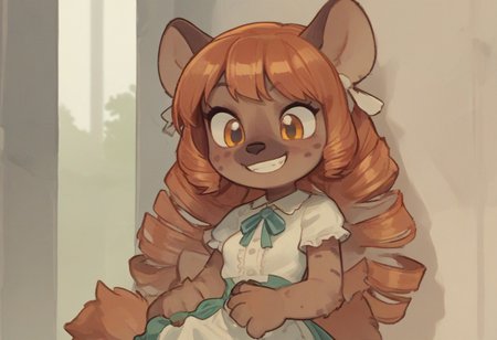 chibi
Art by Phallusbro[STYLE], Phallusbro[STYLE], furry, furry art, Cartoony, Cartoon like, cutesy style,
csr style, fcNeg, updn,
NEGATIVE_HANDS, 
HD, digital painting, painting, digital art, digital media (artwork), hi res, (uploaded on e621:1.1), best quality, highly detailed, intricate details, extremely detailed, perfect hands, negative_hand, detailed, clean lines, Shaded, painted,
game CG, official art, score_9, score_8_up, score_7_up, score_6_up, score_5_up, score_4_up. 
yuri, animalistic features, smiling, grin,
1 girl, hyena anthro, fluffy, cute, ruffled dress, ribbons, frills, frilly dress, fluffy tail, hyena tail, yellow eyes, glowing eyes, long hair ,tan body, tan fur, brown fur, brown body. clothed. dress, mega twin drills