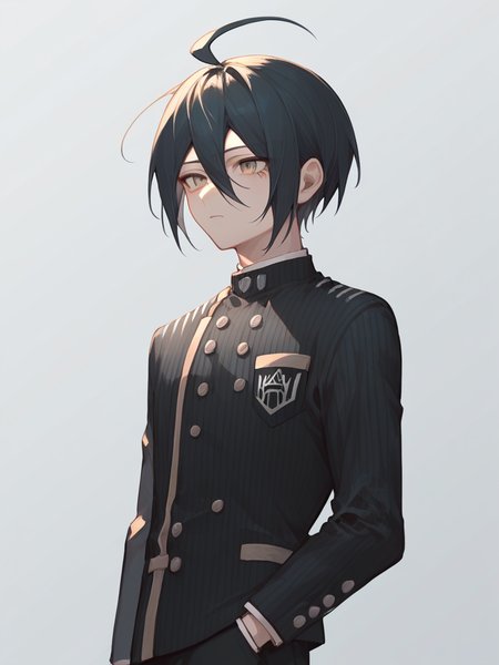 score_9,score_8_up,score_7_up,<lora:danganronpa_all:1>,1boy, character: saihara shuichi, solo, grey background, simple background, male focus, brown eyes, hair between eyes, black hair, short hair, ahoge, breast pocket, black jacket, striped clothes, striped jacket, highres, double-breasted