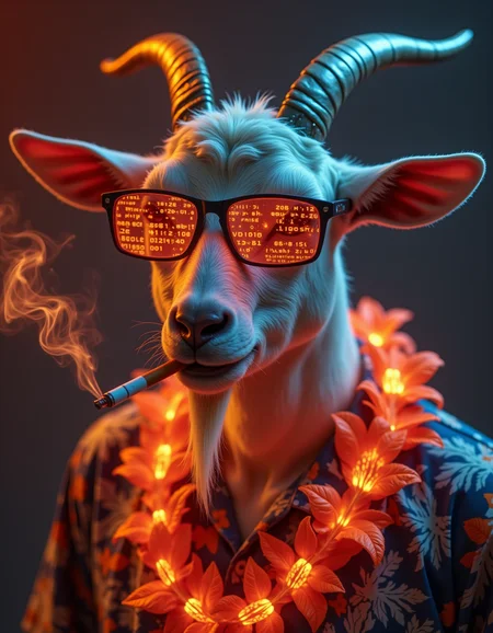 A glitching holographic goat flickers between digital and organic textures, its glasses projecting AR data streams in neon orange. The lei is woven from bioluminescent algae, and the Hawaiian shirtâs pixels shift between tropical prints and circuit-board patterns. A cybernetic cigarette dispenses nano-smoke that forms binary code, while the warm background dissolves into a grid of flickering LEDs. A corrupted golden ratio fractures the composition, balancing tech-augmented fur details with chaotic neon shadows.
_________
dramatic beauty, otherworldly quality, soft lighting, shallow depth of field, high detail, dynamic composition, cinematic shot, film grain, balanced shadows, harmonic colors, emotional depth, symbolic meaning, innovative props/costumes, timeless elegance, modern themes, iconic imagery, unforgettable moment, captivating beauty, stunning impact, thought-provoking, artistic vision, masterful execution.
<lora:cheats:0.4> <lora:NOOB_vp1_detailer_by_volnovik_v1:0.5> <lora:- Flux1 - soothing_atmo_V2.0:0.1>