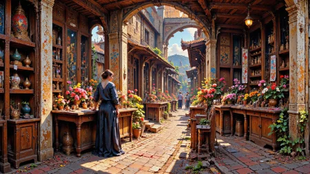 (flower shop),  beautiful Mauritanian fantasy landscape,  day, woman, intricate, very detailed, sharp, colorful, <lora:Hand v2:1> <lora:Anti-Blur:1> <lora:Insane Detail Slider:0.5>   <lora:Flux.1_Turbo_Detailer:0.6> <lora:flux-photo-transparent_Alpha_1.0:0.8> <lora:flux.1_lora_flyway_Epic-detail_v2:0.6> <lora:Painterly01b_CE_FLUX_AIT:0.8> pntrlyCE_style, <lora:VividlySurreal:0.8>  <lora:FluxMythP0rtr4itStyle:0.8> mythp0rt