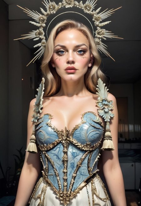 score_9, score_8_up, score_7_up, rating_safe, concept art, realistic, Fixhand.
1girl, solo, cute face, sexy face. 
((Long hair)), ((Blue eyes)), open eyes. 
((porcelain corset)).