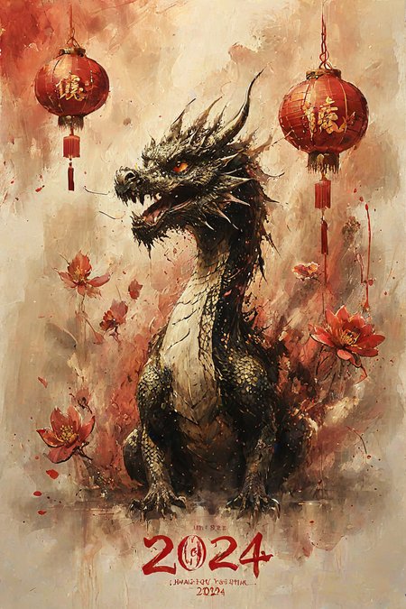 a flyer for the chinese lunar new year festival (2024:1.5), dragon sketch, lotus flower sketch <lora:add-detail-xl:2> <lora:Disturbia:0.8>