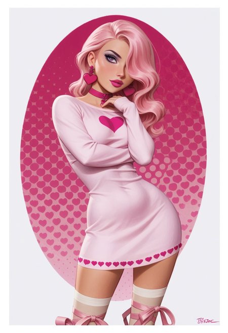 score_9, score_8_up, score_8_up, btimmsketch, (cowboy shot:1.1), 
1girl, venusmwatgg, 1girl, solo, pink hair, hair covering one eye, purple eyes, purple eyeshadow, hot pink lipstick, heart earrings, hot pink choker, pink dress, long sleeves, pink leg ribbons, white stockings, pink roller skates,
sexy pose, halftone effect, white borders, abstract background:1.2