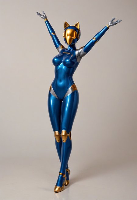 solo, A 35mm full length photo of  a beautiful 20 year old woman, she is a humanoid robot , robotic body, freckles, smooth featureless grey robotic skin, robotic aerials, metallic dark blue hair, elegant metallic blue latex bodysuit with gold trim, catlike robotic ears, catlike robotic nose, catlike robotic eyes, jetpack, flying through the sky
TheFaceLess, mannequin, faceless, egghead