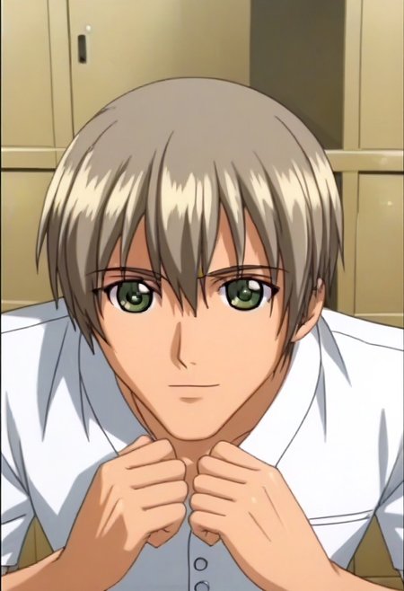 ((masterpiece)), ((best quality)), ((ultra-detailed)), ((absurdres)), score_9_up, score_8_up, score_7_up,
HD, top quality, best quality, amazing quality, High-quality illustrations, anime screencap, source_anime, best aesthetic, perfect proportions, perfect eyes, 1boy, 1male, solo boy, solo male, male focus, solo male focus, Anime, boy, male anime character, anime boy, handsome, sexy, cute, charming, ((looking at front, looking at viewer)), ((front shot, front view, view from front)), Hajime Saisho, gray-brown hair, dark green eyes, white polo shirt, updn, easynegative, Expressiveh, neghands, ((face shot, face only shot, face focus)), ((locker room))
