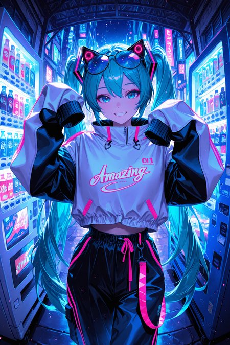 masterpiece,very aware,best quality,amazing quality,newest,sensitive,painterly,very aesthetic,
absurdres,high_contrast,illustration,artbook,(faux traditional media),chromatic aberration,soft colors,pastel colors,neon palette,colorful,
inpainting,
multicolored background,cityscape,street,vending machine,photo-referenced,scene reference,light particles,White theme,
Cinematic Lighting,metallic luster,Tyndall effect,
1girl,solo,hatsune miku,windbreaker,puffy_pants,eyewear on head,grin,standing,sleeves_past_fingers,cat_pose,eyeshadow:0.1,eyeliner:0.1,(long_eyelashes:0.5),
close-up,front view,fisheye,cowboy_shot,looking at viewer,[artist ciloranko,wlop:0.8],
Smooth Quality,<lora:V2_yakumo_alchemy:0.3>,<lora:noobai_vpred_1_aqm_complete_v3:0.7>,<lora:Smooth_Booster_v2:0.4>,<lora:Urban_Fantasy_Waifu:0.2>,impactful graphics,visual impact,