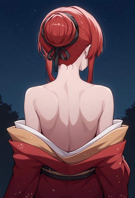 masterpiece, best quality, 1girl, solo, MonarchAL, red hair, hair bun, sidelocks, black hair ribbon, from behind, off-shoulder kimono, bare shoulders, nape, shoulder blades, outdoors, starry sky, night, high contrast, <lora:ChamMonarchIllustriousXL:1>