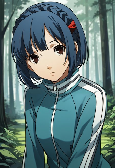 score_9, score_8_up, source_anime
1 girl, solo, cute face,
p4aika, short hair, blue hair, hair ornament, crown braid,
 track jacket, jacket,
looking at viewer, expressionless,
outside, forest,
masterpiece, best quality, ultra detailed,