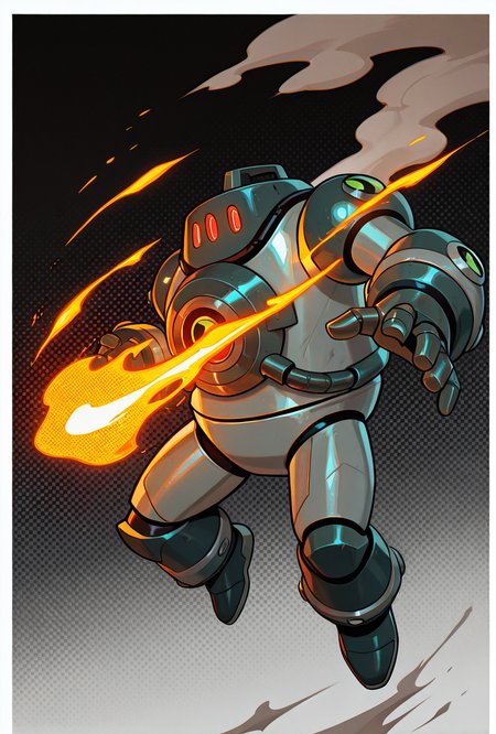 <lora:nrg-06:1> nrg, solo, robot, no humans, armor, red eyes, 3 eyes, dynamic pose, shooting fire, full body, smoke,, masterpiece, best quality, amazing quality, very aesthetic, absurdres, newest,, upper body, halftone effect, white borders, abstract background:1.2,