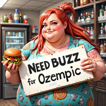An overweight anime woman holds a sign that says need buzz for Ozempic and a burger in the other hand.