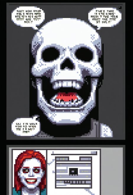 pixel art, digital art, A single comic strip panel showing an artist sketching a grinning skull on paperâonly for the real-life version of the skull to emerge from the page and laugh at them! The artist drops their pen in shock while speech bubbles read âIâm your muse now!â style bold comic book art with exaggerated expressions and dynamic line work in black-and-white ink wash tones accented by red highlights on the skullâs grin. theme creativityâs dark side, humor in fear of oneâs creations coming alive.