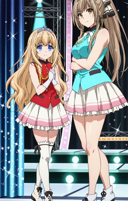 shiny skin, posing, 
<lora:amabri.il:0.9>,
amabri,
(2girls:1.5),   
latifa, isuzu, 
hearts, glitter, sparkle, stage, stage light, bloom, standing side, looking at viewer, peace, yuri, hug,