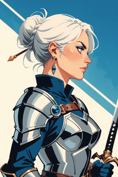 1girl, armor, weapon, holding, single hair bun, jewelry, earrings, holding weapon, white hair, hair bun, shoulder armor, blue eyes, solo, sword, breastplate, gloves, polearm, holding sword, from side, pauldrons, hair ornament, gauntlets, belt, black gloves, holding polearm, breasts, nose, upper body, makeup, vambraces, profile, zPDXL3,  PnyCmicXLPOS, detailxl,  (lineless, vector art:1.5)