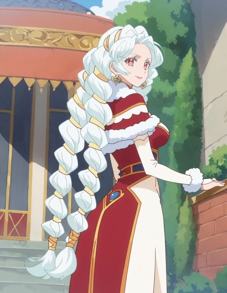 score_9, score_8_up, score_7_up, anime screencap, solo,1girl,sharon,white hair, smile,  jewelry,hair onament, flower,  looking at viewer, dress,  earrings,braid, capelet, fur trim, twin braids,medium breasts,cowboy shot,from behind <lora:sharon_pony:0.8>