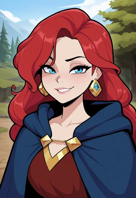 masterpiece, best quality, amazing quality, necrodancerStyle  <lora:necrodancerStyle_illustrious_byJaneB:1>,
1girl, female, solo, portrait, female focus, red hair, blue eyes, long hair, light skin, smile, looking at viewer, outdoors, beautiful, blue cloak with gold trimming, earrings, green trees