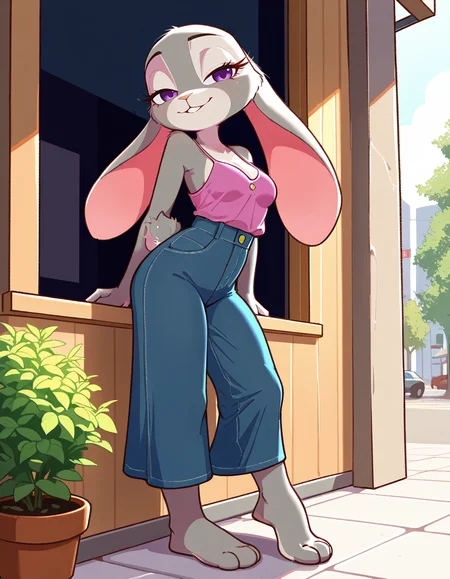 masterpiece, best quality, very aesthetic, absurdres,
outdoors, casual, 
full body, 
seductive smile, parted lips, long eyelashes,
 <lora:Judy_Hopps_v01_NAIXL:1>
Jud7H00ps,1girl,solo,furry,furry female, rabbit girl, rabbit ears,purple eyes,animal nose,body fur,grey fur,rabbit tail,