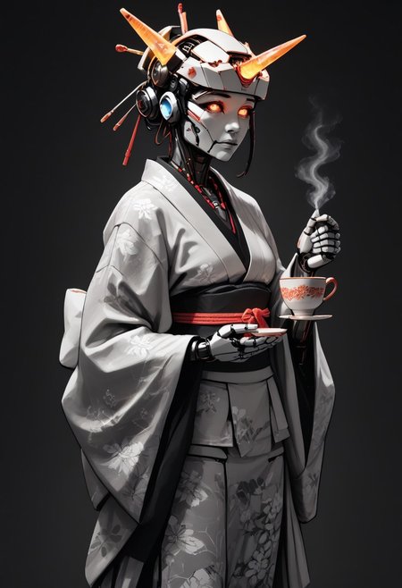 score_9, score_8_up, score_7_up, source_anime, 
1girl, solo,  looking at viewer, japanese, kimono, head-mounted horn, glowing, humanoid robot, geisha, holding a steaming cup of tea, asdfm3cha
, science fiction,, asdfm3cha, monochrome, glow, neon
WORLD MORPH MATCHES, FIRE, monochrome, glow, neon, asdfm3cha