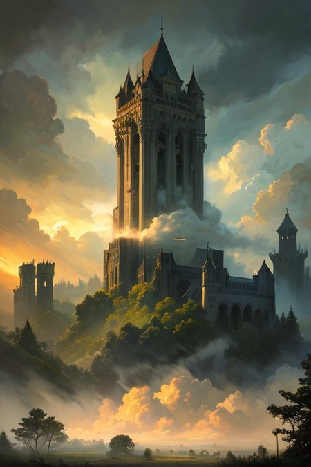 hyperrealism oil painting, ghost of the castle,
thunderstorm, and many small clouds, and slightly cloudy, fantasy forest,
an expansive ancient forest, featuring towering oaks, diverse wildlife, a variety of flora,
{dawn|dusk|night},
