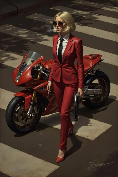 jldavid1 painting
Overhead shot of an Blonde woman walking away from a futuristic motorcycle parked at a zebra crossing. The woman has bob hair, is smoking. She wear a red business suit, white shirt, black tie, and sunglasses. She holds a gun with a confident grip. The motorcycle itself is red, sleek and metallic, with intricate designs and a futuristic vibe  <lora:jldavid1_cap_d6a3:1.0><lora:815775247987999686:0>