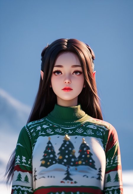 score_9, score_8_up, score_7_up, score_6_up, score_5_up, score_4_up, masterpiece, ultra-detailed, high resolution,
christmas_sweater,chuxue, Demon，
1girl, portrait, a pure and beautiful elf, long hair flowing, wearing a green Christmas sweater, blue scarf, with snow gently falling from the sky, looking charming and innocent.