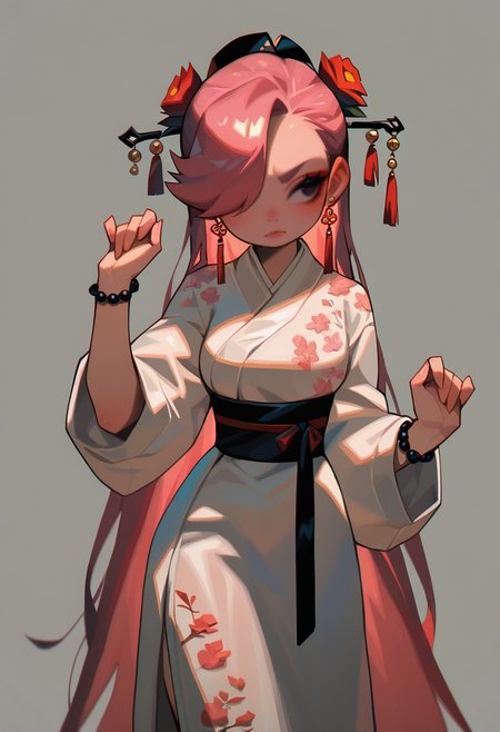 1girl,   pink hair,  very long hair,   hair over one eye,       
BREAK   1girl, pinup pose with arms wide open,         
BREAK                  hanfu, long sleeves, hair ornament, jewelry, earrings, hair flower, wide sleeves, white dress, bracelet, floral print, tassel, china, chinese culture, (grey background),      simple background, 
BREAK general, masterpiece, best quality, absurdres, highres, newest, <lora:Corvidae_v1.1:0.8>