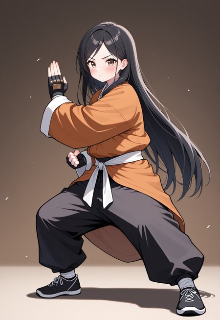 masterpiece, best quality, 32k, high resolution, absurdres, monk, brown eyes, very long hair, full body, pants, long hair, fingerless gloves, blush, black hair, fighting stance, long sleeves