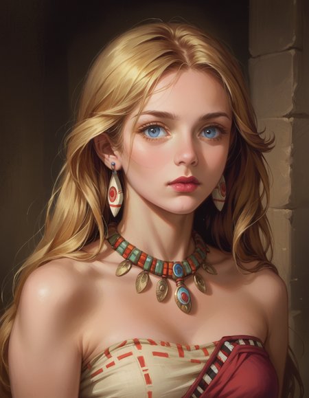 score_9, score_8_up, score_7_up, score_6_up, <lora:hud_yanjuncheng_styl_XLP:0.6> Create an incredible, best quality illustration, (  wearing  Vibrant himation with a striking border pattern and soft flowing fabric ), Enchantress, Short, Thin, Round Face, Olive Skin, Golden Blonde Hair, light blue Eyes, Wide Nose, Thin Lips, Sharp Chin, Long Hair, Coarse Hair, Swept Bangs, augmented breasts, Huggie earrings, fuchsia stain lipstick, Computer Animation, realistic, Tribal, Refraction, full body
