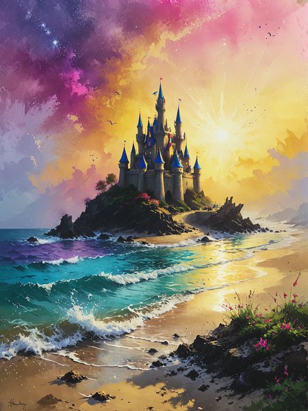 Sandcastles on stardust shores shimmer eternally, ultra-fine digital painting, <lora:xl_more_art-full_v1:0.3>,  <lora:Desolation:0.6> <lora:gorgoeus_splash_of_vibrant_paint:0.7> Gorgeous splash of vibrant paint