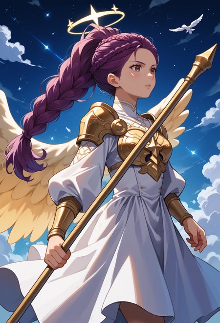 score_9, score_8_up,score_7_up, source_anime, 1girl, solo, <lora:EPfePetra:1>, 
EPfePtr, brown eyes, long hair, purple hair, single braid, braided ponytail,
angel, wings, halo, white dress, blue sky, clouds, glowing, serene expression, ethereal, divine, floating, protective stance, golden armor, celestial, fantasy, radiant, light beams, magical staff
