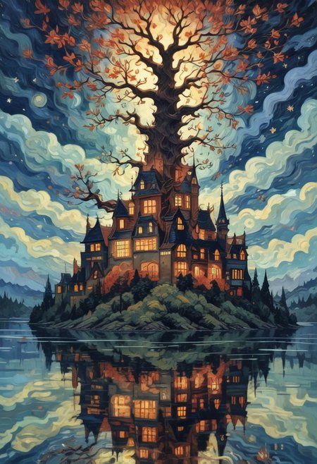 a painting, a sprawling tree branch has grown across the water's surface, its twisted limbs tangled with dark, crimson threads that seem to writhe like snakes. in the foreground, a fitting room door is set into the trunk of the gnarled tree, reflections, naive art, van gogh art style, stary night painting