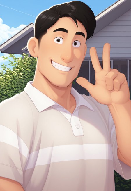 solo, masterpiece, detailed, ultra hd, best quality, 1boy, male, official art, w0lfc0nf, modern, new, masculine face, daddy looking face

PokemonAvaFather, black hair, white shirt, looking at viewer, smiling, suburban house