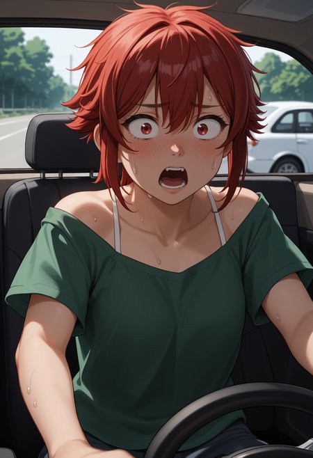 !!, blush, green shirt, driving, looking at viewer, motion blur, open mouth, shirt, short sleeves, spaghetti strap, steering, steering wheel, surprised, sweat, upper body, screaming, panicking, wide-eyed score_9, score_8_up,score_7_up, source_anime, 1girl, solo, <lora:aizwtm_pdxl_EliPot:1>, aizawatomo, red hair, short hair, red eyes, tomboy, toned, muscular female,