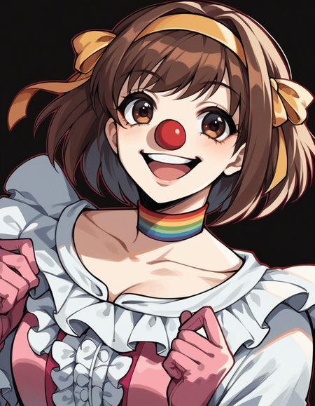 score_9, score_8_up, score_7_up, source_anime, <lora:haruhi-suzumiya-s1-ponyxl-lora-nochekaiser:1>, haruhi suzumiya, short hair, brown hair, brown eyes, hairband, medium hair, ribbon, hair ribbon,, <lora:clown-ponyxl-lora-nochekaiser:1>, clown, makeup, clown nose, facepaint, gloves, long sleeves, frills, dress,, smile, open mouth, smug,, cowboy shot