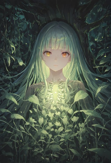 (score_9, score_8_up, score_7_up, score_6_up, score_5_up, score_4_up), ((Masterpiece:1.3)), (best quality:1.2), 1girl focus, close-up, long flowing green hair with soft golden highlights, glowing amber eyes, Heterochromia, gentle expression, delicate floral patterns on her skin, surrounded by soft sunlight filtering through trees, wildflowers blooming around her, lush forest background, breeze gently moving her hair, glowing fireflies floating around, serene and peaceful atmosphere, soft natural lighting on her face, ethereal beauty, calm expression, nature vibe, intricate lighting details, vibrant nature colors, <lora:Abstract:0.5>,  <lora:see_through_not_sticky:1>